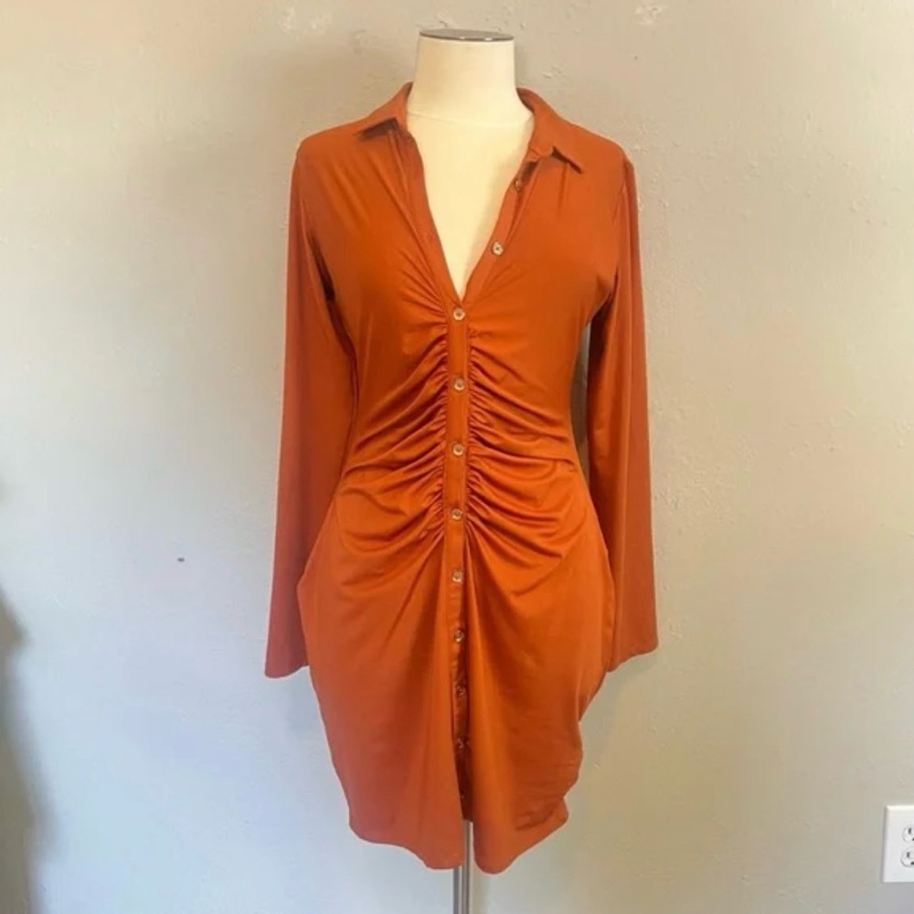 Guess Burnt Orange Ruched Long Sleeve Dress Size L - Picture 2 of 8